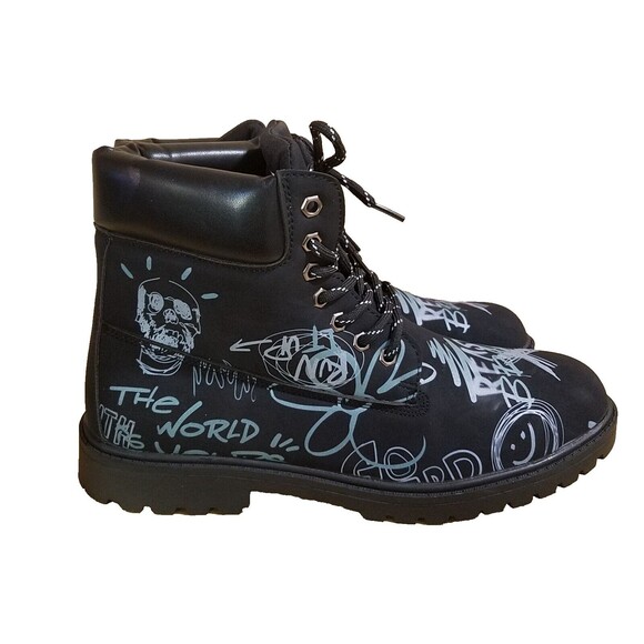 Reason Combat Boots Men’s 10.5 Black Graffiti Print Skull Flower Faux Suede main image 6